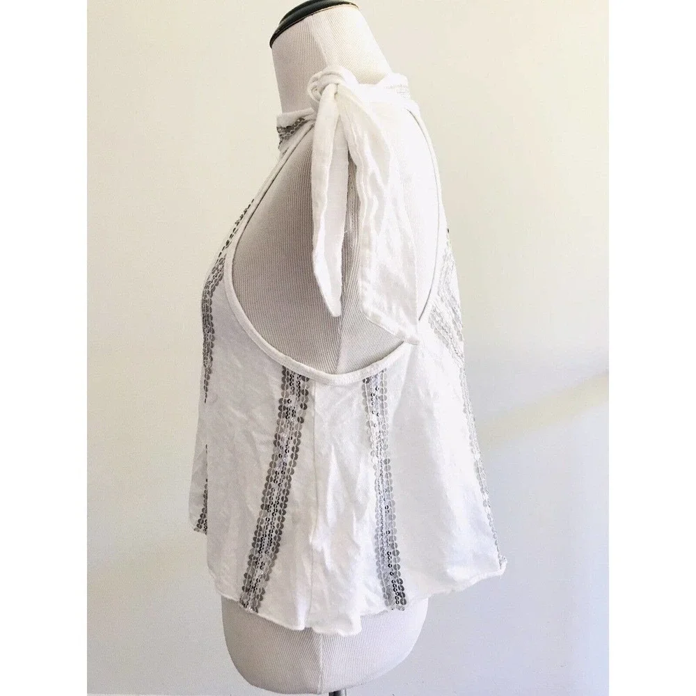 Free People | Glitter City Tank Womens Size XS White Crop Top Neck Tie